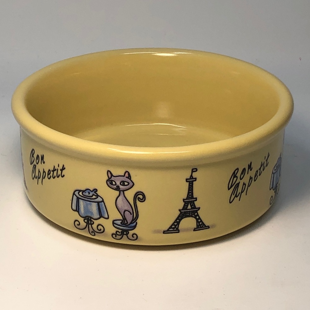 Yellow Ceramic Pet Bowl with Eiffel Tower Design